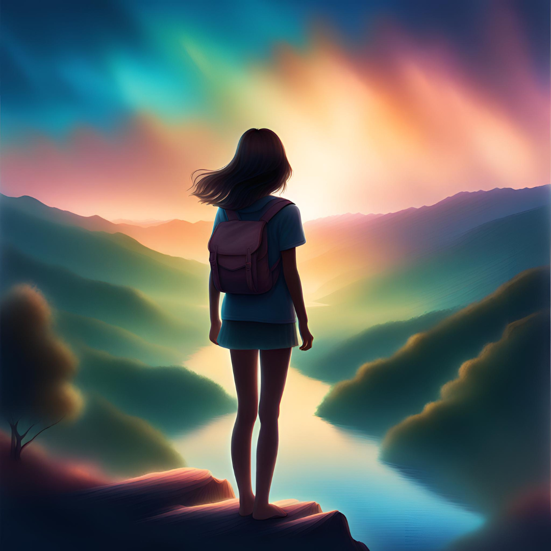 dessin coloré d'une adolescente de dos qui regarde au loin